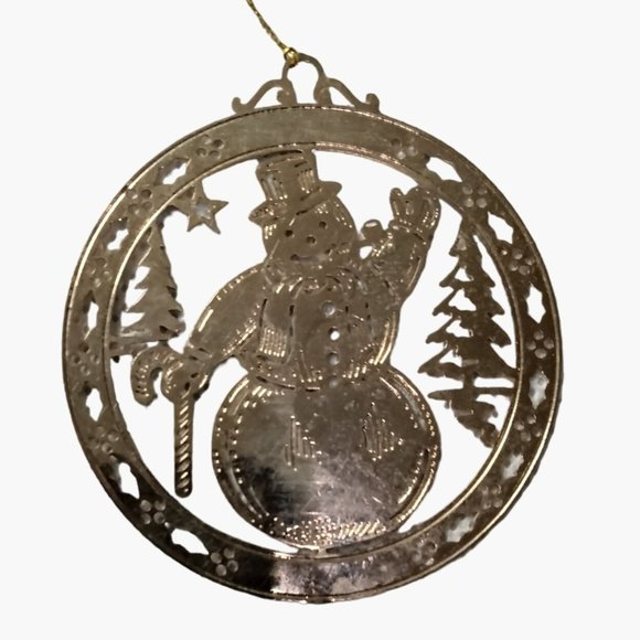 Snowman Ornament Etched Gold Metal Christmas - Picture 1 of 4